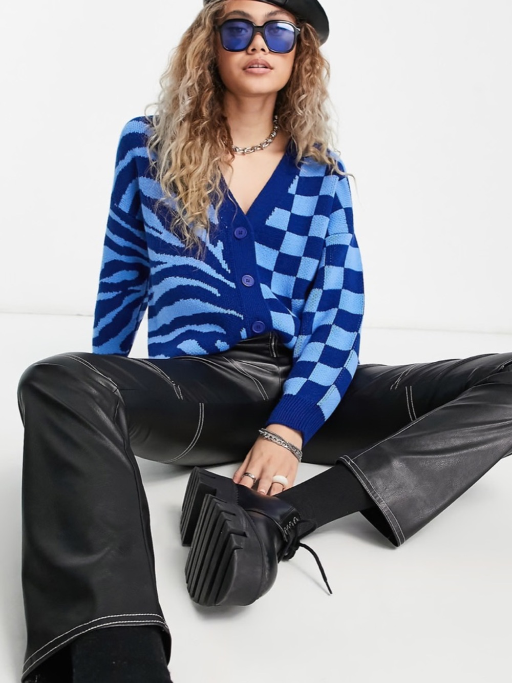 ASOS Design Long Line Cardi Mixed Animal and Checkered Pattern - Blue